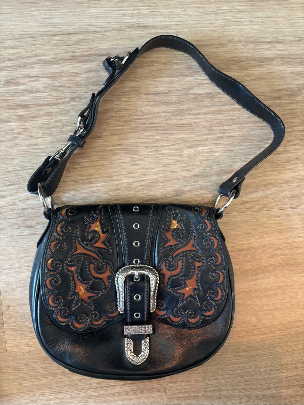 Ariat Black Leather Shoulder Bag with Brown Tooled Accents - Picture 1 of 8